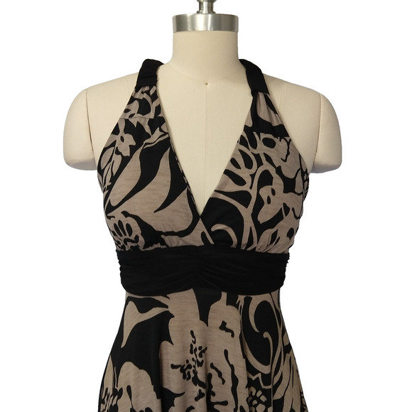 Vintage Y2K Fairy Midi Dress Size S Black Tan Floral V Neck Asymmetric Hem - Picture 2 of 11